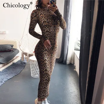 Chicology leopard midi kleita pieguļoša sexy sievietes ar garām piedurknēm 2019 rudens ziemas sievišķā puse, lady gadījuma streetwear drēbes