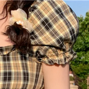Ar Īsām Piedurknēm Kleita Sievietēm Vasarā Virs Ceļgala Zaļā Pleds Pogu Lidot Laukumā Apkakles Korejiešu Stilā, Retro Sexy Šiks Modes Studentiem