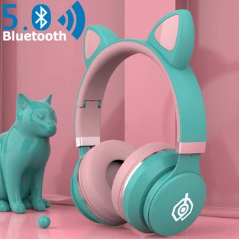 Gudrs Kaķis Bluetooth 5.0 Bezvadu Austiņas Stereo Mūzikas Austiņas LED Gaismas Mobilā Tālruņa Meitene Meita Austiņas Atbalsta TF Karti