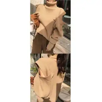 Korejas Šiks Modes Augsta Kakla Džemperis Sievietēm Zaudēt Vintage Adīt Džemperis Augstu Uzrullētu Apkakli Dāmas Lielgabarīta Džemperi