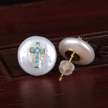 Piparmētru zaļa cz mikro bruģēt tiny krustu reliģisko šarmu dabas monētas saldūdens pērles pērļu piekariņi pogas stud auskari sievietēm