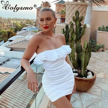 Colysmo Strapless Vasaras Kleita Sievietēm Ruched Bodycon Elegants Ruffles Baltās Kleitas Sieviete Puse Nakts Spīdīga Satīna Kleita 2020 Jaunas