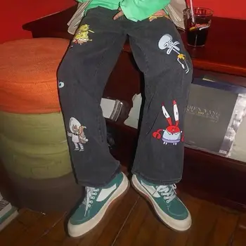 Karikatūra Džinsi Vīriešu Gudrs Hip Hop Bikses Modes Loose Rock Džinsi Harajuku Vasaras Lielās Ielas Gadījuma Smieklīgi Elsas Streetwear Vīriešiem
