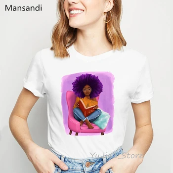Sieviešu apģērbu 2019 vogue violeta cirtaini mati melna meitene, lasot grāmatu, t krekls femme Melanīna krekls korejas streetwear sieviešu t-krekls