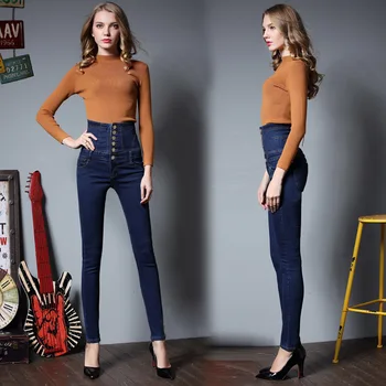 Sieviešu neoderēts vai siltu vilnas ultra augsta vidukļa džinsus Plus liela izmēra mežģīnes-up pogas izdilis elastīga džinsa zīmuli bikses