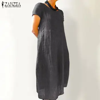 Ikdienas Veļa Midi Kleitu Sieviešu Vasaras Sundress ZANZEA ir 2021. Vintage Īsām Piedurknēm Tunika Vestidos Sieviešu Kroku Puse Drēbes Femme
