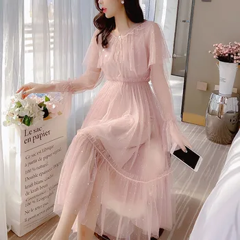 Kleitas, sievietēm 2020. gadam pavasara garām piedurknēm kleita rozā sequin kleita salds Ruffles Ciets-Line Voile Acs eleganta kleita sievietēm 0521
