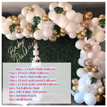 117pcs kāzu balonu aprites balta lateksa balons 10 collu zelta metāla balonu palmu lapu Valentīna diena puse, dzimšanas dienas decora