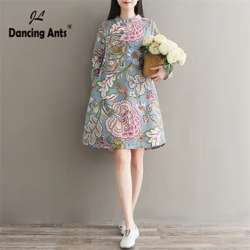 Sieviete Dress-line Zaudēt Vintage Kleita Ķīniešu Stilā Ziedu Iespiests Kleitas ar garām Piedurknēm Mandarīnu Apkakles Pogas Vestidos