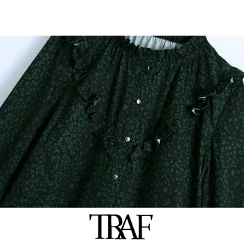 TRAF Sieviešu Modes Ar Metāla Pogas Izdrukāt Savirmot Mini Kleita Vintage Augstas Kaklu garām Piedurknēm, Sieviešu Kleitas Mujer