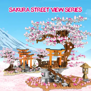 1167PCS Pilsētas Street View Celtniecības Bloki Ideja Sakura Kabīne Inari Svētnīca, Ķieģeļu Ķiršu Ziedu Ainavas Nams Saderīgu Rotaļlietas
