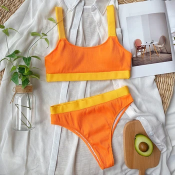 Sexy Sporta Apelsīnu Līmēšana Bikini Augsta Vidukļa Peldkostīmu 2020. Gadam Sieviešu Peldkostīmi Divus gabalus Peldētāju Sieviešu peldkostīms Peldēt Bikini Komplekts