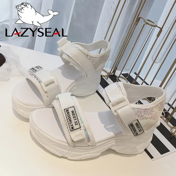 LazySeal Jaunu Ķīlis Sandales Sieviešu Kurpes Ar Bling Auduma Hook&Loop Platformas Sandales Biezu Grunts Dāmas Kurpes Apavi sandalias