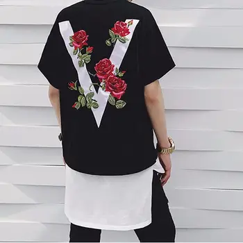 Vasaras lielo V rožu hit krāsu, melnā un baltā izšūšanas īsām piedurknēm t-krekls vīriešiem un sievietēm, pāriem, lielizmēra drukātās drēbes