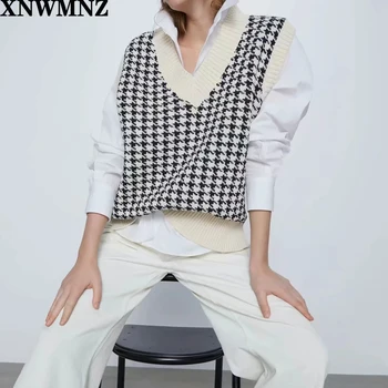 XNWMNZ za Stilīgs, Elegants Houndstooth Pleds bez Piedurknēm Džemperis Sieviešu Modes V-veida Kakla Apkakli Elegantas Dāmas Gadījuma Džemperi