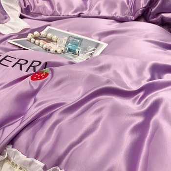 Luksusa Princese Stila Violetu Mežģīņu Sērija Mazgātas Zīda Izšuvumi Gultas Komplekts Sega sedz palagu Sega Segtu Spilvendrāna 4gab #/
