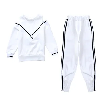 Meiteņu treniņtērpi komplekti 2019 bērniem sporta tērpi pie pleca ar garām piedurknēm t krekli & bikses komplekti meitene, melni baltās drēbēs 10 12Y