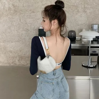 Rudenī Garām Piedurknēm Korejiešu Stilā T Vienkrāsainu Dāmas U Kakla Sexy Backless Tee Krekls Topi.