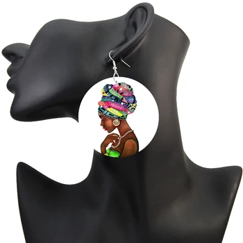 SOMESOOR Iespiesti Hedawrap Sieviete Afro Koka Etniskā Auskari Vintage Black Queen Matu Krāsošana 6cm Plakani Apaļas Koka Rotaslietas, Dāvanas