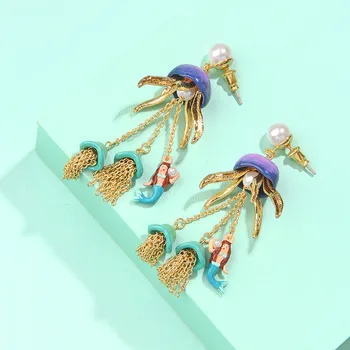 Ocean sērija sirēna auskari ar roku apgleznotus emaljas medūzas pušķis 925 sudraba adatu auskariem bez sadursta auss klipi