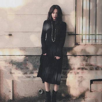 Kpop korejas Slavenību pašā Ziemas modes Black Adīšanas Kleita sievietēm Harajuku Stils streetwear sexy ilgi sadaļā džemperis kleitas