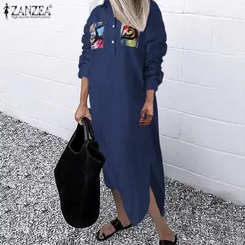 ZANZEA ir 2021. Modes Iespiesti Krekls, Kleita, Sieviešu Lupatu Sundress Gadījuma garām Piedurknēm Tunika Vestidos Sieviešu Atloks Drēbes Lielgabarīta