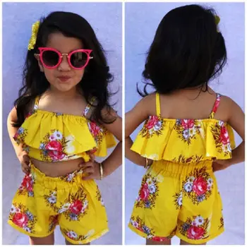 2 gabali, kas Pavada Mežģīņu Ziedu Tops un Šorti noteikti Toddler Girl Vasaras Apģērbs