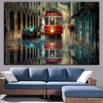 Mūsdienu Priekšstatu Lisabonas Pilsētas Gleznas Sarkans Autobuss Lietus Iela Drukāt Audekls Oil Krāsošana Sienas, Attēlus Dzīvojamā Istaba bez rāmīša