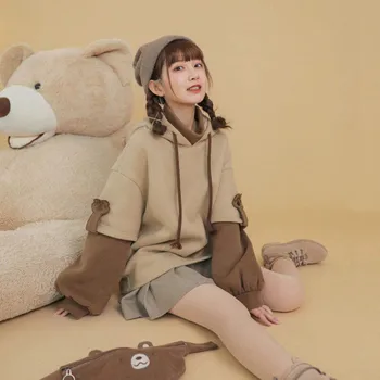 Harajuku estētisko lācis anime pelēkā vārna sieviešu korejas kawaii crewneck garām piedurknēm lielgabarīta streetwear kpop krist ziemas drēbes, topi