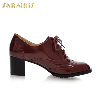 SARAIRIS Liela Izmēra 34-43 Sieviešu Britu Shoelace Chunky Papēži, Platforma Patentu PU Apavi Sieviete Skolu Meitenēm, Sūkņi