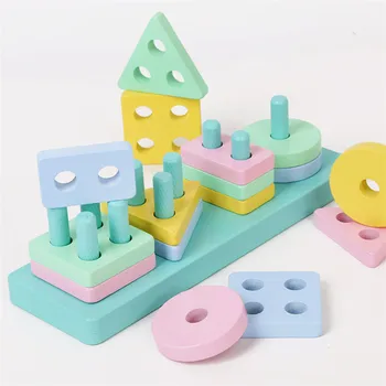 Koka Toddler Montessori Rotaļlietas Macaron Krāsu Ģeometrijas Formas Atbilst Izlūkošanas Ēkas Kraušanas Blokus Bērniem Bloku Koka Rotaļlietas