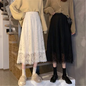 Melna Balta Mežģīņu Midi Svārki Sieviešu Modes 2021. Gada Pavasarī ziemas korejas Gudrs, Elegants Birojs-line Svārki Sieviete Lady