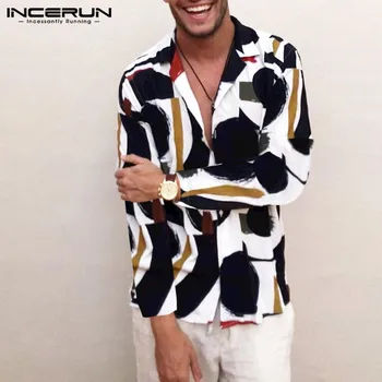 INCERUN ir 2021. Modes Drukāt Vīriešu Krekls Atloks Apkakli Streetwear garām Piedurknēm Elpojošs Havaju Ikdienas Krekli Vīriešu Šiks Camisa S-5XL