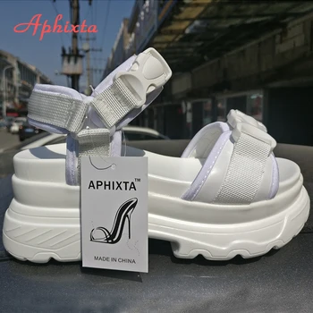 Aphixta 8cm Platformas Sandales Sieviešu Kurpes Ķīlis Papēži Sprādzes Audekls Vasaras Bieza Zole Pludmales Apavus Chaussures Femme