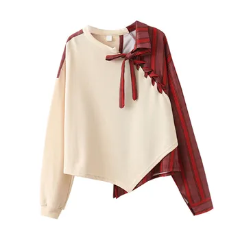 2020. gada Pavasara Sievietes Raibs Krekls Augstas kvalitātes Hoodies Modes Mežģīnes up garām piedurknēm Džemperis Sievietes Asimetrija Salaist Topi