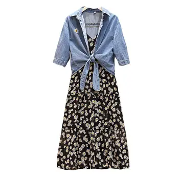 Liela Izmēra Sieviešu Džinsa Krekls bez Piedurknēm, ar Ziedu rakstu Kleitu, Kopa 2020. Gada Vasarā Jaunu Daisy Printed Kleita 2 Gabals Uzvalks Sieviešu Apģērbu K339