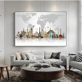ModernWorld Slaveno Ēku Pasaules Tūrisma objektu Karti Kanvas Glezna Mākslas Plakāti un Izdrukas Sienas Mākslas Aina Dzīvojamā Istaba