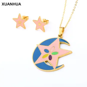 XUANHUA Moon Star Rotaslietas Komplekti, Nerūsējošā Tērauda Rotaslietas, Sieviete Modes Kaklarota Un Earing Komplekts Sievietēm Piederumu Vairumtirdzniecības 2019