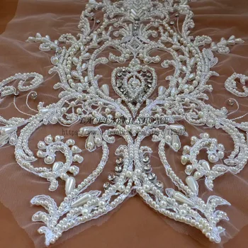 La Belleza Off white Roku darbs frēzēšana pērles rhinestones plāksteris kāzu kleitu plāksteris 57*35cm