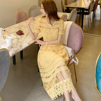 Elegants Sieviešu Dzeltena Mežģīņu Kleita Vasaras Stilā Ar Īsām Piedurknēm Dobi No Sexy Sieviešu Apģērbu Gadījuma Sieviešu Puses Midi Vintage Kleita
