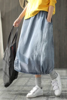Pavasara Rudens Svārki Modes Sieviešu Liela izmēra Džinsa svārki Jaunas Dāmas Elastīgs Viduklis kabatas Balināts Mori meitene Gadījuma Brīvs svārki