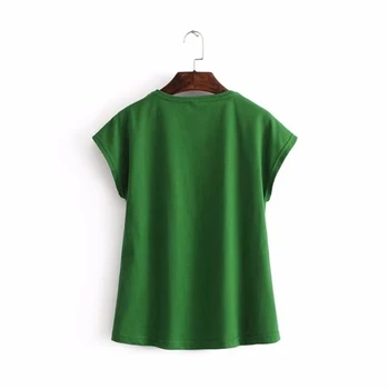 LUNDUNSHIJIA 2018. gada Vasaras Sieviešu Kokvilnas T-krekli Ziedu Izšuvumi Topi Dāmas O-veida kakla Īsām Piedurknēm Zaļā Sieviešu T-krekls