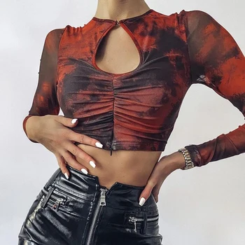 InstaHot Dobi No Sieviešu t Krekls Volāns Tie Krāsošanas garām Piedurknēm Kultūru Augšējā Acu Transperate Rudens Sexy Streetwear t-veida Topi 2020