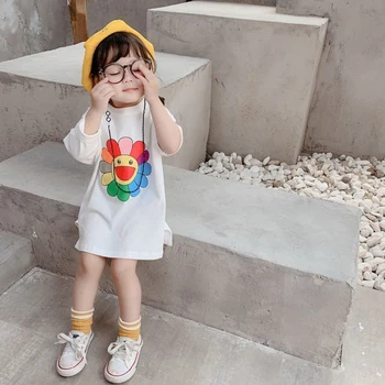 Modes Bērnu Apģērbu Korejas Stila Meitene Kleita Karikatūra Ziedu garām piedurknēm T-Krekls Pavasara Rudens New Baby Girl Topi Apģērbi