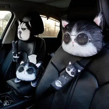 Auto Pagalvi Spilvens drošības Jostu Pārsega Polsterējums 3D Iespiesti Suns, Kaķis Sejas Gudrs Kakla Balsts Auto Kakla Drošības Spilvens