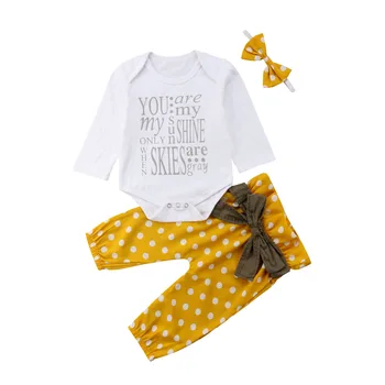 Pudcoco ASV Akciju Jaundzimušā bērna Baby Meitenes Vēstuli Romper Top+Priekšgala Dot Bikses garās Zeķes+Galvas Apģērbs, Apģērbu Set 3PCS