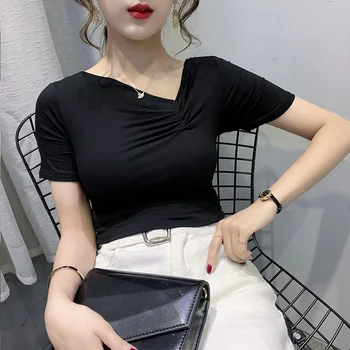 Modes Īsām piedurknēm Tshirts sieviešu Topi Asimetrijas Kakla T-krekls Slim vasaras gadījuma Sieviete Cieta Tee kreklu Pamata 2020. gadam korejiešu Jaunā