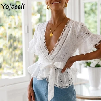 Yojoceli kokvilnas izšuvumi mežģīņu blūzes sieviešu krekls savirmot loku blusas sieviešu boho jaunas blūzes