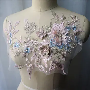 Rozā 3D Ziedu Mežģīņu Auduma Krelles Rhinestone Izšūti Kleita Appliques Apkakles Pinuma Šūt Plāksteris, Kāzu Dekorēšana Kleita DIY