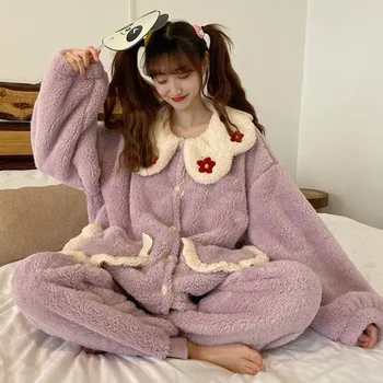 Pidžamas Sieviete, Ziemas Jaunas Korejiešu Stilā Cute Pidžamas Jaka Zaudēt Naktskrekls Coral Fleece Mājās Pakalpojums Atbilstu Kawaii Pidžamas